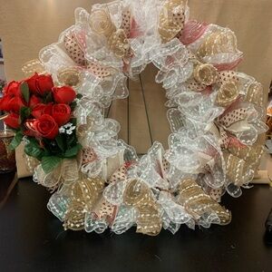 Festive White and Gold Holiday Wreath with Red Accents